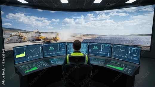 Operator adjusting settings on a digital dashboard within a mining site microgrid control room boosting energy efficiency and ensuring continuous power supply.