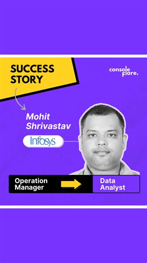 Console Flare | Online Data Analytics & Data Science Training on Instagram: "From Operations to Optimizations! 🚀 Witness an incredible career transformation. Meet Mohit Srivastav, who transitioned from an Operations Manager to a Data Analyst at Infosys! His journey is a powerful reminder that with the right skills, a strategic career pivot is more than possible. You too can get your Dream job, Start your journey with @consoleflare today. . . . #CareerTransition #DataAnalyst #SuccessStory #Globa