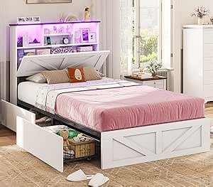 VIAGDO Farmhouse Bed Frame Twin Size with Bookcase Storage Headboard, Charging Station and LED Lights, Wooden Twin Bed Frames with 4 Drawers, Barn Door Design, No Box Spring Needed, No Noise, White