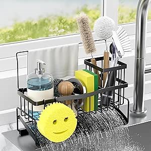 Sponge Holder for Kitchen Sink 304 Stainless Steel Self-Draining Sink Caddy with Smiley Face Sponge and Brush Holder Towel Bar and Divider Kitchen Gadgets Organizer for Countertop, Black