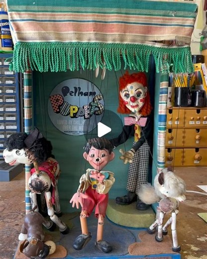 Kevin Menegus on Instagram: "On the bench this week, starting restoration for a client on this 1970’s Pelham Puppet motorized store display. The client’s parents owned a toy shop for decades in San Luis Obispo and this ran daily for many years! Luckily the motor is still operating! We started by disassembling the unit, and sanding and repainting the base color. We are cleaning and repairing the puppets along with patterning and making new felt pieces for the floor of the unit. I found some great