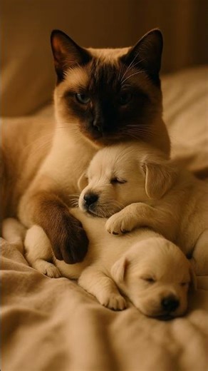 Siamese cat cuddles puppies, is this the sweetest foster mom ever?