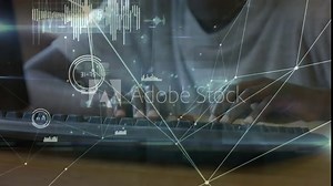 Typing on keyboard, person working with data processing animation over hands