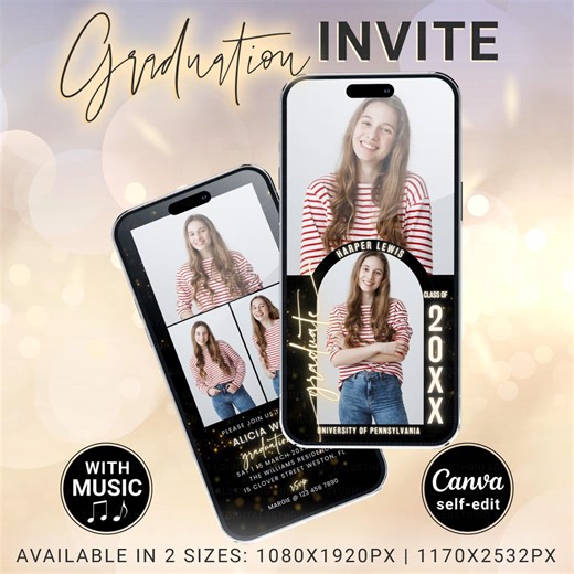 Double Graduation Party Invitation Template, Animated Gold Black Grad Party Invite With Photo & Music, Editable Canva, G01 - Etsy