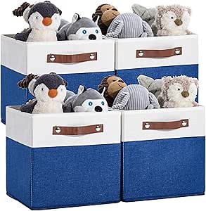 DUHEL Cube Storage Bins 4 Pack,11 Inch Collapsible Storage Bins,Fabric Storage Cubes Can be Usd Closet Organizers and Storage Box Shelf Basket. (White&Blue-4pcs)