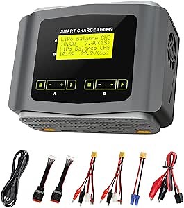 LiPo Battery Charger Large Screen Dual RC Charger Discharger 10A Fast Balance Battery Charger for 1-6S LiPo LiHV Li-ion Life 1-15S NiCD NiMH PB Smart Batteries RC Car Drone (Gray)