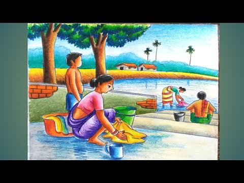 How to draw a women washing clothes/Village pond drawing/Working women drawing