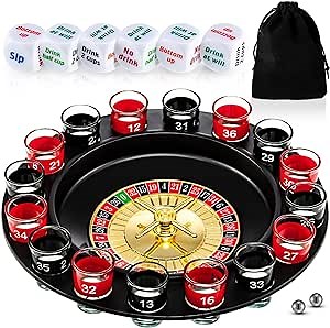 Hiboom Shot Glass Roulette Game and Drinking Dice Set - 16pcs Glasses and 2 Balls for Adults, Family Gathering, Bar, Party Supplies