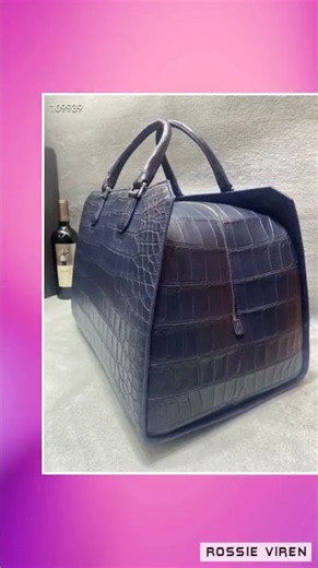 Crocodile Skin Leather Travel Duffle Bag Matt Black & Dark Blue
