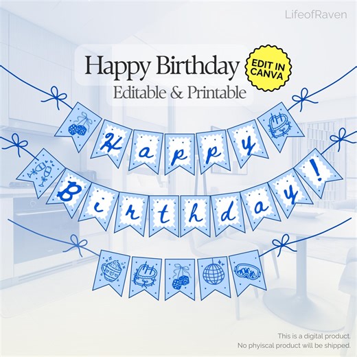 Winter Birthday Banner Template Edit in Canva Blue Coquette Bow Bday Party Bunting Flag Printable Digital Download Birthday Party Decor - Etsy