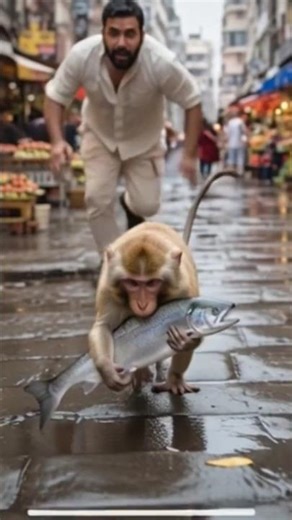 Monkey Stole Fish & Run 😂🐒 #shorts