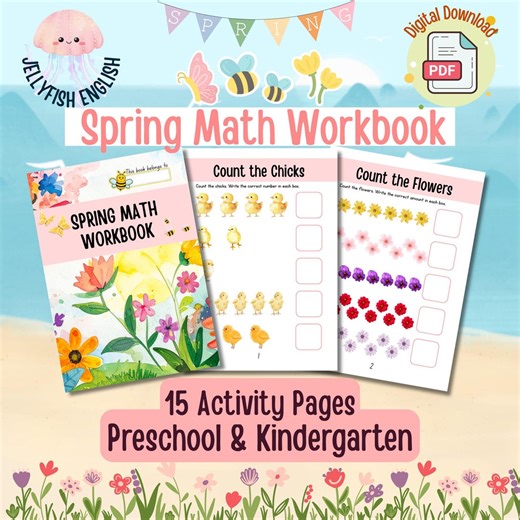 Spring Math Workbook Printable for Preschool & Kindergarten | Counting Worksheets 1-10 | Cut and Paste Math | Ten Frame | Pattern Activities