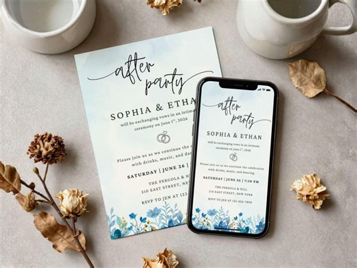 Blue After Party Template Wedding Reception Only Invitations Happily Ever After Party Canva Editable Template Floral Blue After Party Invite - Etsy