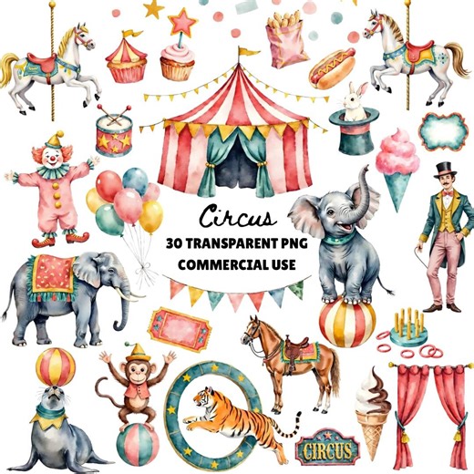 Circus Clipart, Circus Watercolor, Cartoon Circus Clipart, Clown Clipart, Circus PNG, Elephant Clipart, Circus Tent Clipart, Cute, - Etsy