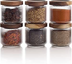 Mason & Fable 12 fl oz, 350ml Glass Food Storage Jars with Wood Lids (6pcs) - Stylish Ribbed Pattern for Kitchen Organization and Storage Containers for Spice, Tea, Coffee/Sugar