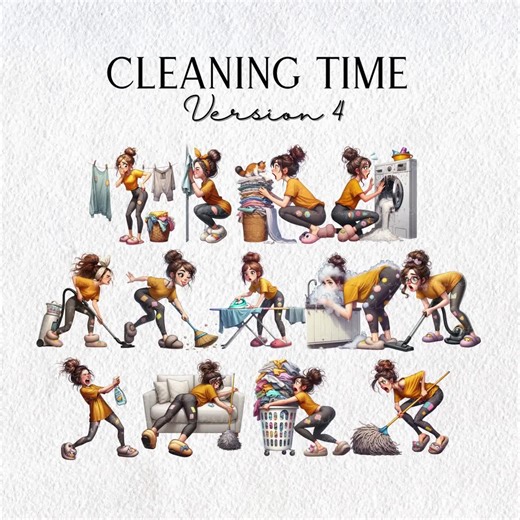 Quirky Cleaning Time Clipart, Funny Housework Woman, Quirky Girl Clipart, Laundry & Chores PNG Bundle for Crafts, Stickers, Sublimation - Etsy