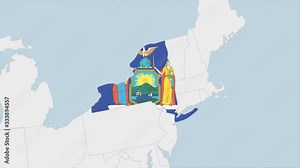 US State New York map highlighted in New York flag colors and pin of country capital Albany.