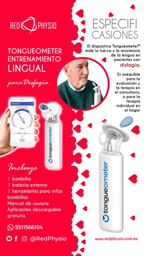 Sabías que El Tongueometer está diseñado para personas con fuerza y resistencia de la lengua reducidas. Ideal para pacientes con las siguientes condiciones: -Cáncer de cabeza/cuello -Eventos Vasculares Cerebrales -Enfermedad neurodegenerativa (Parkinson, ELA, EM, demencia) -Lesión cerebral traumática -Debilidad de la lengua relacionada con el envejecimiento -Apnea del sueño. Visítanos en nuestra Tienda Online: https://red-physio.odoo.com Website: www.redphysio.com.mx Si tienes alguna duda o come