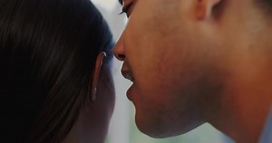 Happy, couple ear and whisper closeup with listening, secret and woman hearing news at home