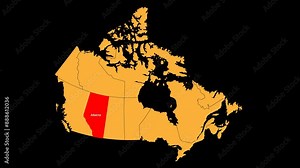 Alberta map animated video. Location is highlighted on the Canada map. Color with a transparent PNG background in video format.
