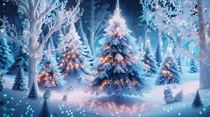 Download Winter Wonderland Night Scene With Christmas Trees and Cute Snowy Animals for free