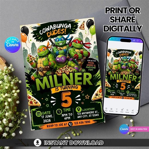 Ninja Turtle Birthday Invitation, Pizza Party Invite Kids, Editable Boys Cartoon Theme Card, Green Hero Party Digital Download Template - Etsy