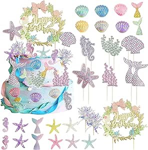 34PCS Mermaid Birthday Cake Topper Kit with Mermaid Themed Cupcake Topper Picks Glitter Seaweed Decor and Starfish Conch Seahorse Shell for Birthday Wedding
