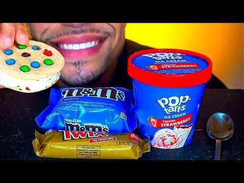 ASMR M&M ICE CREAM SANDWICH TWIX BAR POP TARTS STRAWBERRY PINT MUKBANG EATING SOUNDS NO TALKING