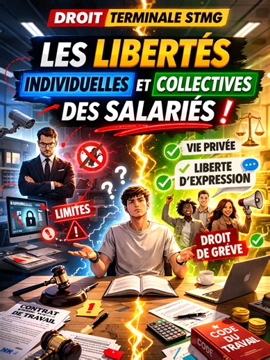 🚨Droit - Terminale STMG Les libertés individuelles et collectives des salariés ! Tu crois qu’au travail, ton employeur peut tout contrôler ? 👀 Erreur. Même dans l’entreprise, le salarié a des droits. 👉 Droit au respect de la vie privée. Ton employeur ne peut pas tout surveiller. Mais il peut limiter certaines libertés si c’est justifié par la tâche et proportionné. 👉 Liberté d’expression. Tu peux donner ton avis. Mais tu dois respecter le devoir de loyauté. Pas question de nuire volontaireme