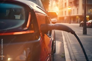 Close up details of future technology, electric car charging from charging station. EV car charging