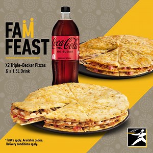 Welcome Dezemba with this exclusive Fam Feast delivery deal NOW. Get 2 large Triple-Decker ® pizzas and a 1.5L drink for only R369.90 and save more than R30! Order via our Debonairs Pizza App now. Ts&Cs apply. | Debonairs Pizza (Official)