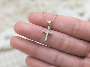 14K Solid Gold Tiny Cross Necklace, Mini Cross Pendant, Dainty Minimalistic Cross Charm, Small CZ Diamond Cross, White Gold Baptism Gift - Etsy