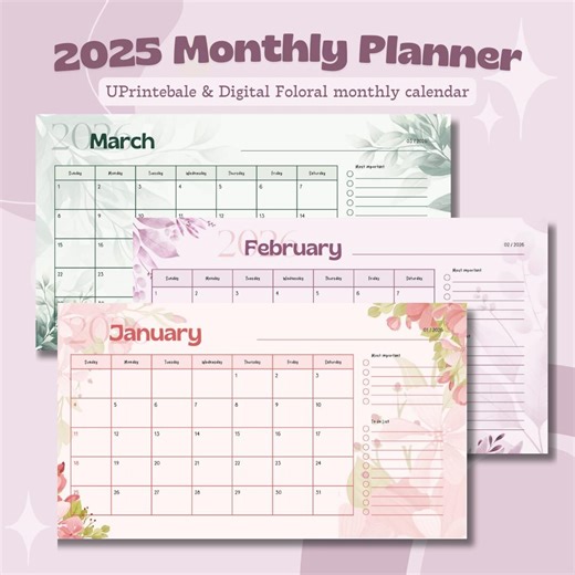 2026 Monthly Calendar Printable | January–december Planner | Floral Monthly Calendar | 6 Designs Bundle | Printable Calendar PDF - Etsy Australia