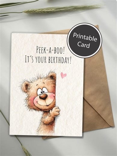 Peek a Boo Birthday Card Printable, Cute Teddy Bear Birthday Card, Funny Kids Birthday Card, Sweet Birthday Card Download - Etsy