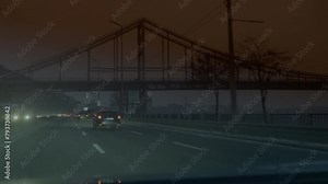 Driving car around the city at night, highway, passing the bridge, red lights. Front window view, slowly passing roadside and asphalt. High quality 4k footage