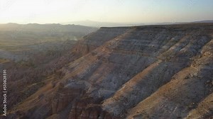 Geologic layers, eons of erosion seen in sunset aerial of Cappadocia