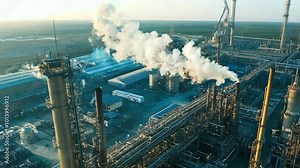 An expansive industrial factory with smoke billowing from chimneys at early morning. The vast array of pipelines and storage tanks exemplifies heavy industry and environmental impact, capturing the