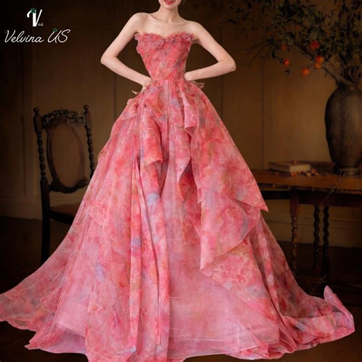 Robe de bal rose à fleurs - Robe de soirée romantique sans bretelles avec jupe superposée - Etsy France