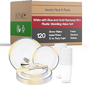 Elegant Disposable Plastic Heavy Duty Dinnerware Sets, Fancy Design Plastic Plates, For Wedding, Birthday & All Occasions (White with Blue and Gold, Wedding Value Set (120 Guests))