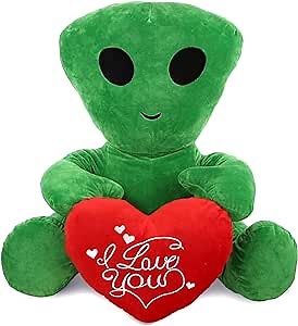 DolliBu I Love You Alien XL Plush – Cute Alien Stuffed Animal with Red Heart and with Name Personalization for Valentine, Anniversary, Romantic Date – 24 Inches