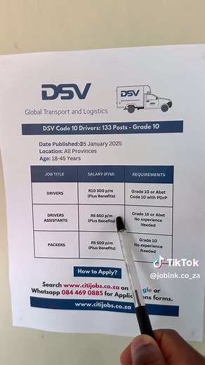 Apply DSV Code 10 Drivers for 2025. #jobs #vacancies #sama28 #dsv #code10driver