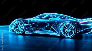 Futuristic sports car visualization in neon blue light. Digital wireframe model showing aerodynamic supercar design from multiple angles. Modern automotive concept art. Technical 3D render