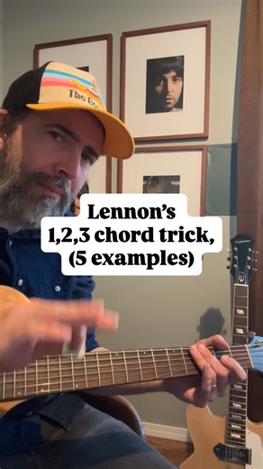 Luke Brooks | Beatles Music Teacher on Instagram: "John Lennon 1,2,3 chord trick- 5 examples! 🎸🎤🇬🇧🪲🎵 #thebeatles #john #lennon #johnlennon #musictheory #guitarchords #acousticcover #songwriting #songwriters #songwritersofinstagram #guitarlesson"