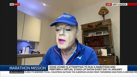 Eddie Izzard has attempted to run a marathon a day and perform a stand-up show every day in January as part of her Make Humanity Great Again campaign to raise money for charity. From celebrity guests to running injuries, Izzard shares the experience. trib.al/JrXFvbz | Sky News
