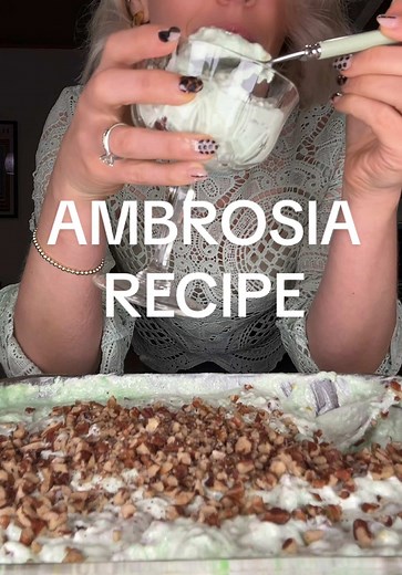 🍋‍🟩🍊 Ambrosia Recipe 👇 1 can crushed pineapple, drained 2 can mandarin oranges in water, drained 1 family size box lime jello 2 cups cottage cheese 1 container Cool Whip 1.5-2 cups of chopped pecans Place the drained fruit in a dish. Sprinkle the the lime jello powder on, mix, and refrigerate for at least 2-3 hours or overnight. Mix the cottage cheese and Cool Whip in well, being careful not to break up the oranges. Add most of the pecans and mix, adding the remaining pecans on the top for g
