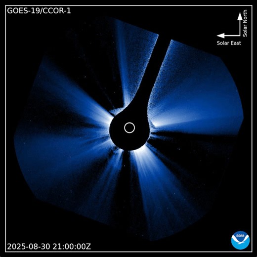 Incoming coronagraph imagery by GOES-19 CCOR confirms a halo CME is associated with the long duration M2.7 solar flare near center disk at 20:02 UTC (Aug 30). It appears to be Earth directed and I would expect a passage past Earth within 48-72 hours. A minor (G1) or perhaps even a moderate (G2) geomagnetic storm watch may be issued. More to follow. Please subscribe for additional details and further discussion. www.facebook.com/SolarHam/subscribe/ | Space Weather by SolarHam
