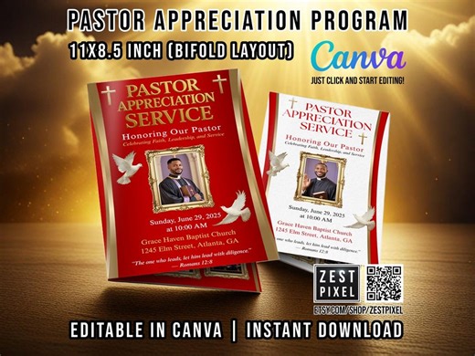 Pastor Appreciation Program Template 11x8.5” | Bifold Church Service Program | Editable Canva Design - Etsy