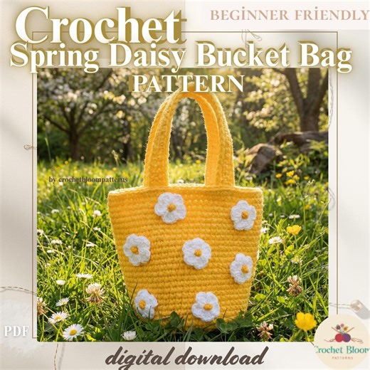 Crochet Spring Daisy Bucket Bag Pattern, Flower Tote Bag Tutorial, Yellow Boho Summer Purse PDF, Beginner Flower Bag Pattern - Etsy