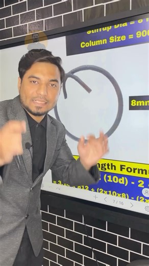 ✅Cutting Length Of Circular Stirrups 📌Example Clear Cover = 40 mm Stirrup Dia = 8 mm Column Size = 900 mm 📌Calculation of “d” d = Column Size - (2 x Clear Cover) - (Half Of Dia.) - (Half Of Dia.) d = 900 - (2 x 40) - (4) - (4) = 812 mm 📌Deduction & Addition DEDUCTION 135 Deg. : 3d ◼️ADDITION HOOK Length = 10d 📌Cutting Length Formula C.L. = πd 2 (10d) - 2 (3d) = 3.14 x 812 (2x10x8) - (2x3x8) = 2661.68 mm @civil_by_yahya_sir 🌟 𝐄𝐧𝐣𝐨𝐲 𝐮𝐩 𝐭𝐨 𝟗𝟎% 𝐨𝐟𝐟 || Limited Time Offer 📣 𝐄𝐧𝐫�