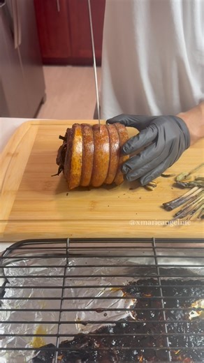 Lechon belly - Trial #1 Here’s my first trial of making lechon belly! I’m trying to find the right mix of seasonings, temperature and cooking method to get a perfect lechon (one that doesn’t need sauce!). How this trial went: 1. Oven temperature at 400F. 2. Seasonings: red onions, garlic, salt, pepper, garlic powder, onion powder, green onions and lemongrass. 3. Basted with a thin layer of soy sauce. 4. At the 2 hour mark, basted with avocado oil. *skin was already crispy at this point. 5. Cooke